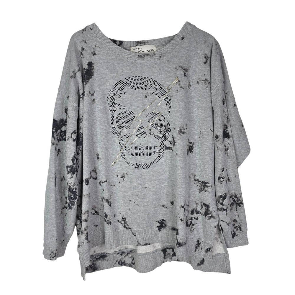 VINTAGE HAVANA Sweatshirt Womens Medium Gray Skull Rhinestone Pullover Oversized